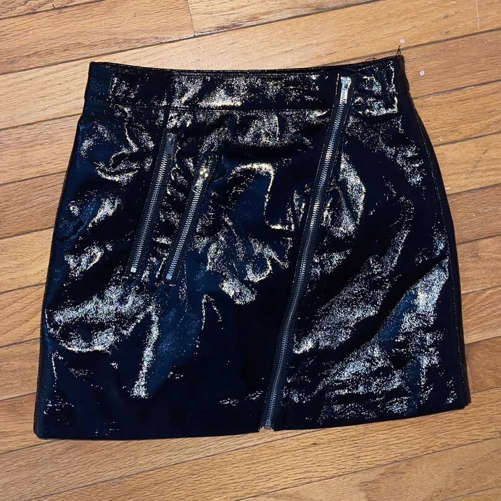 Forever 21 Black Shiny Polyester Skirt, Pleather with Silver Zippers, Medium
